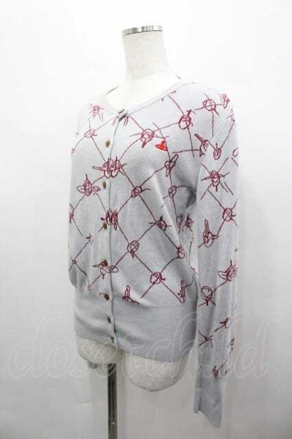 画像2: ヴィヴィアンウエストウッド 中古 / 単色オーブ刺繍&ラインオーブニットカーディガン 3 白Ｘボルドー  I-26-04-22-025-to-HD-ZI (2)