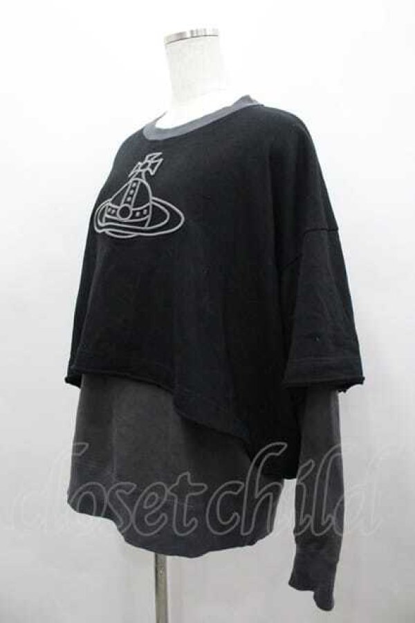 画像2: ヴィヴィアンウエストウッド 中古 / 3Dラインオーブ刺繍レイヤード裏毛トップ 00 黒Ｘグレー  I-26-04-22-072-to-HD-ZI (2)