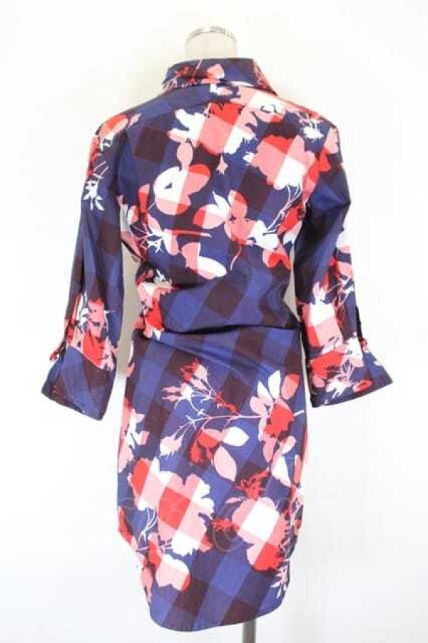画像2: ANGLOMANIA 中古 / フラワーシルエットチェックワンピース 38 紺Ｘ赤Ｘ白チェック  I-26-09-16-021-op-HD-ZI (2)