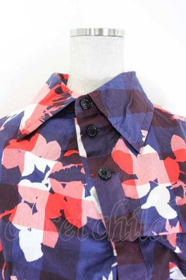 画像3: ANGLOMANIA 中古 / フラワーシルエットチェックワンピース 38 紺Ｘ赤Ｘ白チェック  I-26-09-16-021-op-HD-ZI (3)