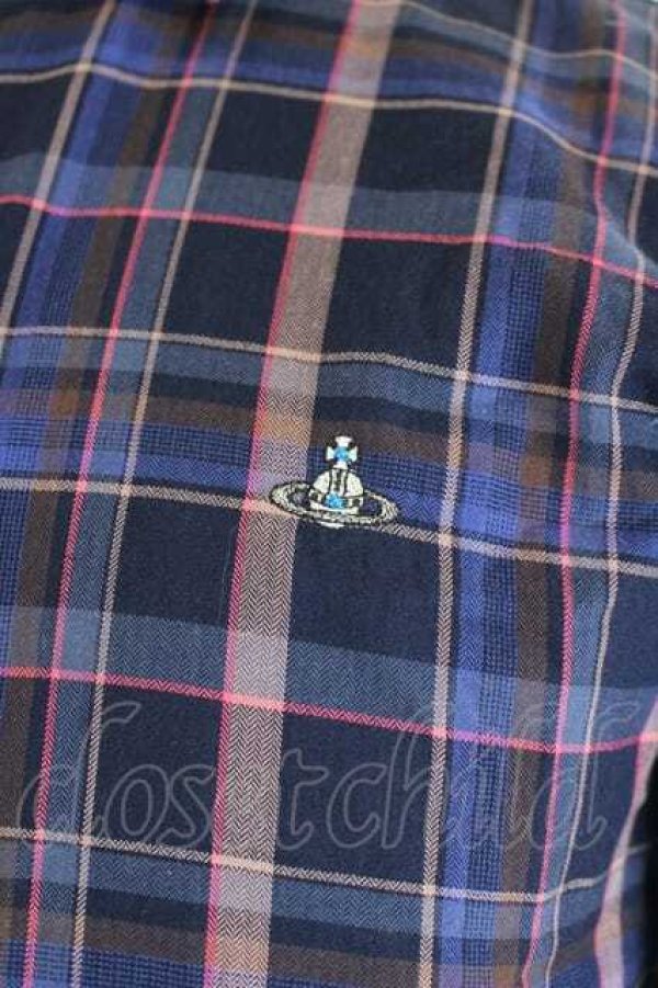 画像3: ヴィヴィアンウエストウッド MAN 中古 / オーブ刺繍チェック長袖ブラウス 44 紫Ｘ紺  I-26-09-16-004-bl-HD-ZI (3)