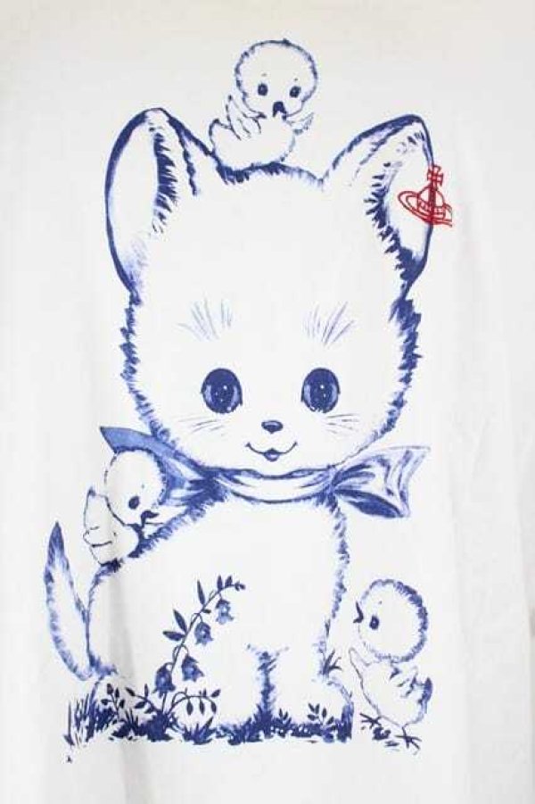 画像3: ヴィヴィアンウエストウッド 中古 / ステインレスキャットプリントラウンドヘムTシャツ 00 白Ｘ青  I-26-09-16-005-to-HD-ZI (3)