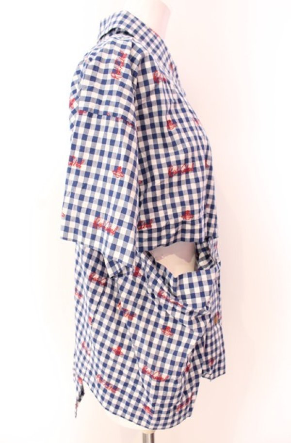 画像3: ヴィヴィアンウエストウッド 中古 / ギンガムチェック刺繍変形シャツ 00 ブルー  O-25-08-17-016-bl-IG-ZH (3)