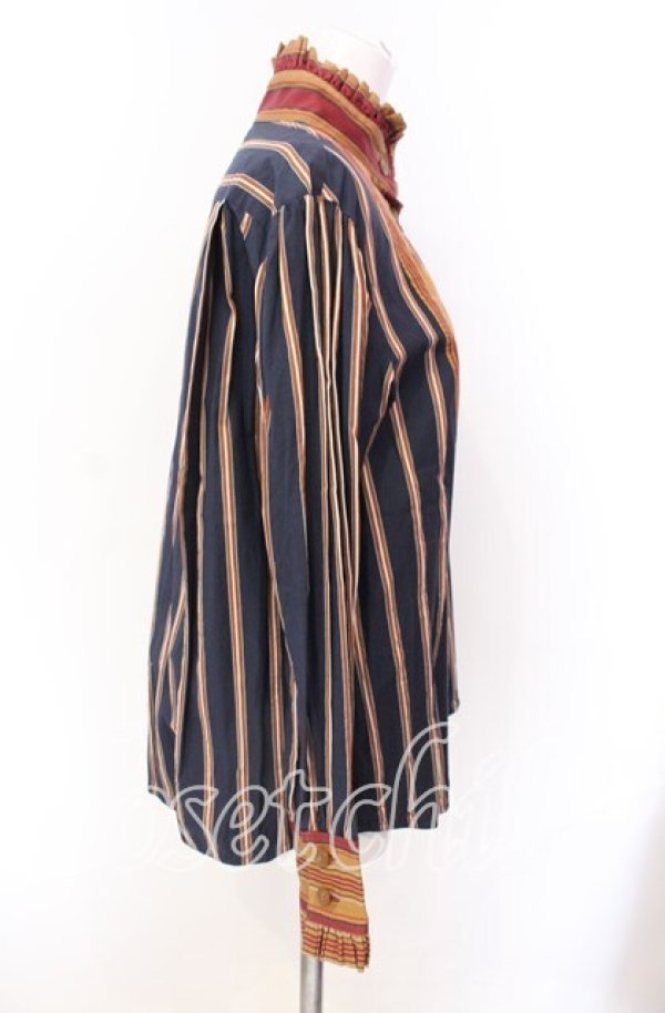 画像4: ヴィヴィアンウエストウッド 中古 / ストライプブロッキングフリルシャツ S ブラウンｘネイビー  O-25-09-21-042-bl-YM-OS (4)