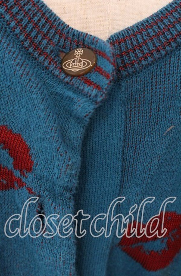 画像2: ヴィヴィアンウエストウッド 中古 / リップ総柄ショートカーディガン 2 ターコイズ  O-25-09-21-094-to-YM-OS (2)