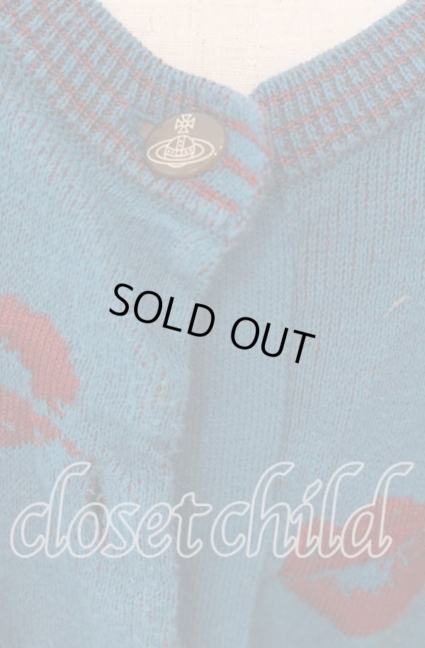 画像2: ヴィヴィアンウエストウッド 中古 / リップ総柄ショートカーディガン 2 ターコイズ  O-25-09-21-094-to-YM-ZH (2)