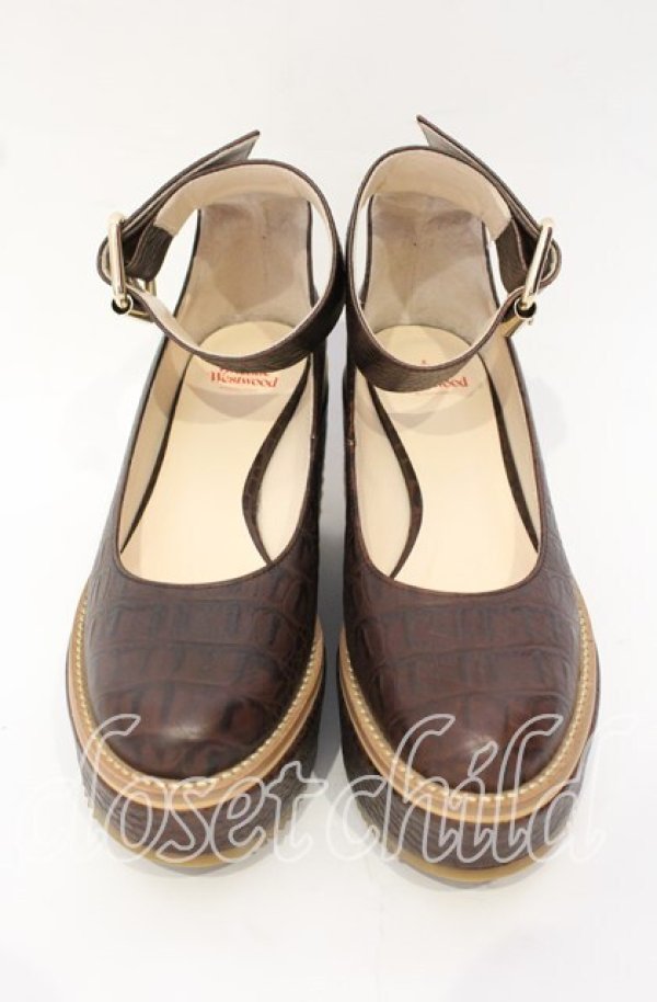 画像2: ヴィヴィアンウエストウッド 中古 / プラットホームベルトパンプスシューズ 38（約24cm） ダークブラウンｘクロコエンボス  O-25-10-12-058-sh-YM-ZT1116G (2)