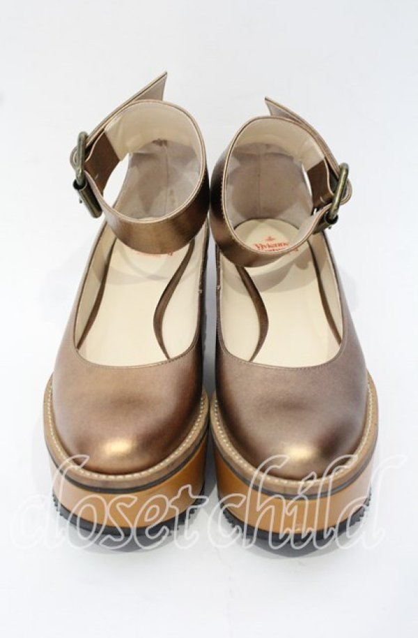 画像2: ヴィヴィアンウエストウッド 中古 / プラットホームベルトパンプスシューズ 38（24cm相当） ブロンズｘブラウン  O-25-10-12-060-sh-YM-ZT1116G (2)