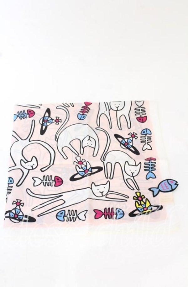 画像2: ヴィヴィアンウエストウッド 中古 / ハンカチ(キャット&フィッシュ)  ピンクxホワイト  O-25-10-19-123-gd-YM-OS (2)