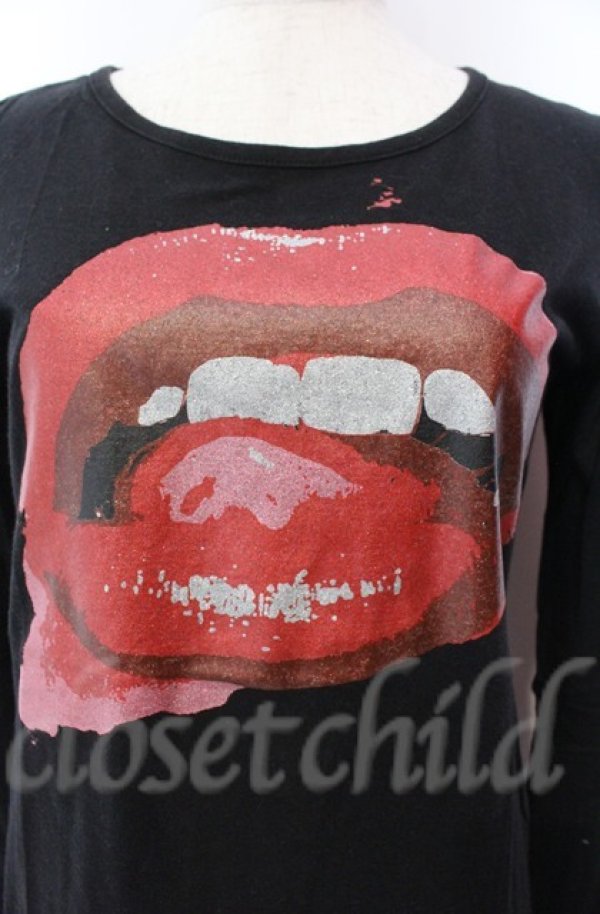 画像2: ヴィヴィアンウエストウッド 中古 / グリッターLIPプリント長袖カットソー 1 ブラック  O-25-11-09-021-to-YM-OS (2)