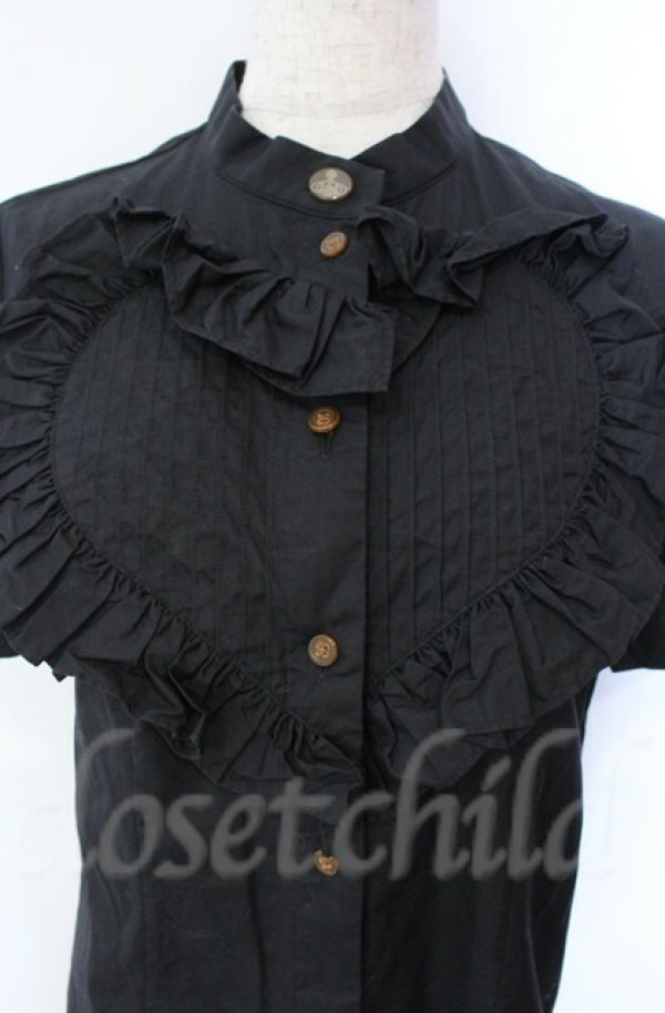 画像2: ヴィヴィアンウエストウッド 中古 / ハートフリル半袖シャツワンピース 1 ブラック  O-25-11-09-023-op-YM-OS (2)