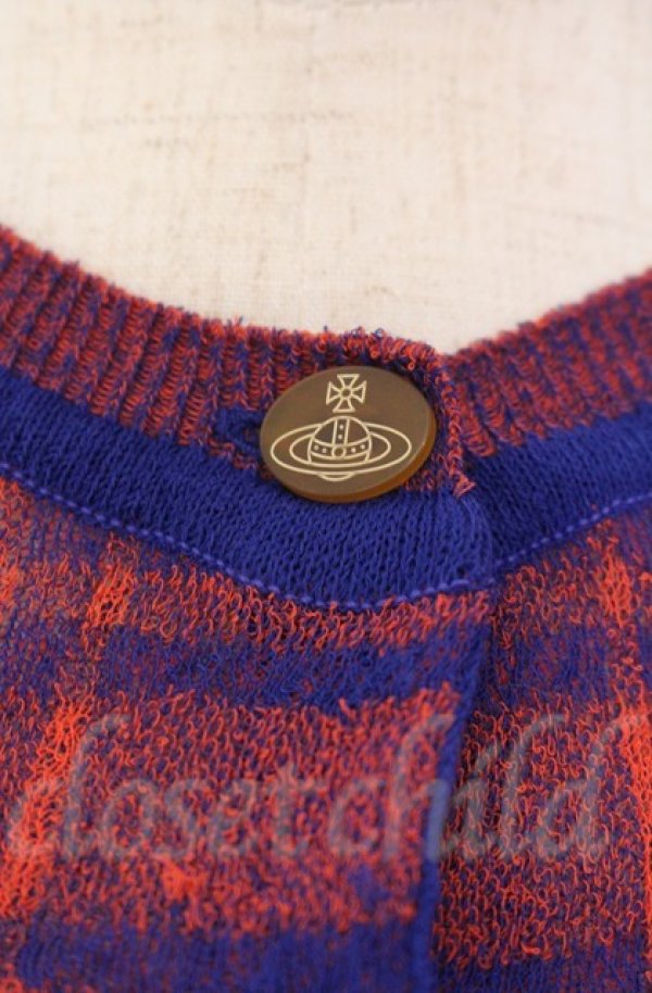 画像2: ヴィヴィアンウエストウッド 中古 / テクスチャーチェックニットクルーネックカーディガン 00 レッドｘネイビー  O-25-11-09-045-to-YM-OS (2)