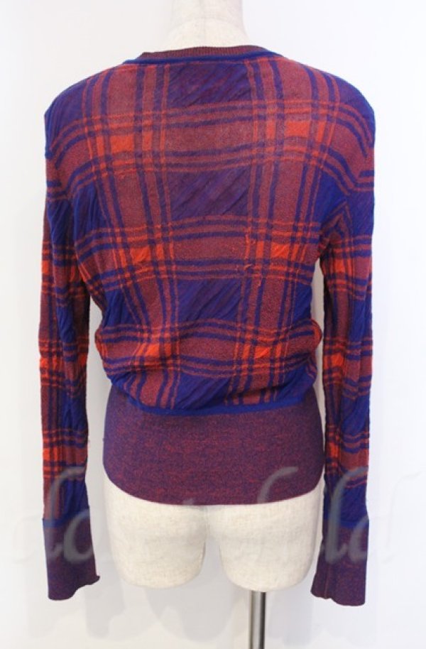 画像4: ヴィヴィアンウエストウッド 中古 / テクスチャーチェックニットクルーネックカーディガン 00 レッドｘネイビー  O-25-11-09-045-to-YM-OS (4)