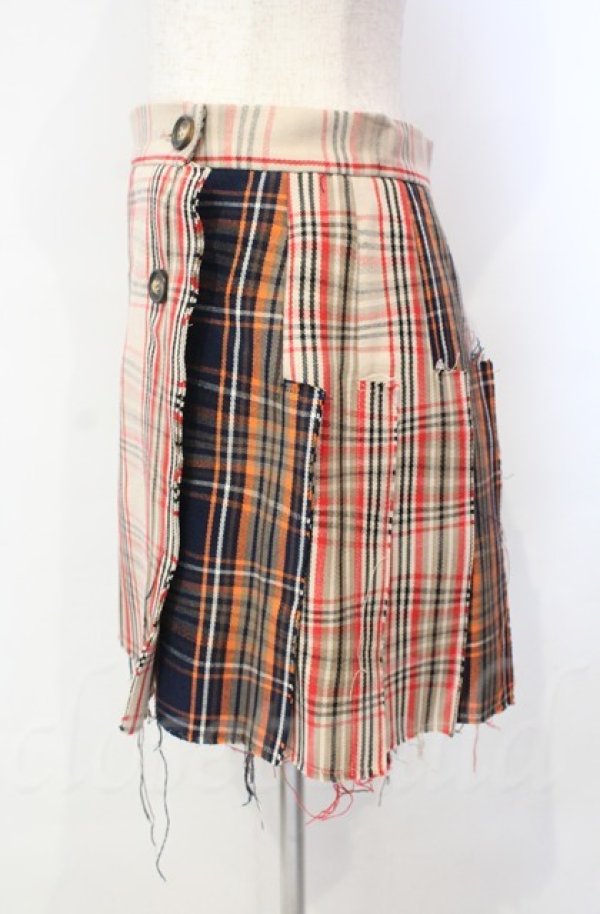 画像3: ヴィヴィアンウエストウッド 中古 / カットオフプリーツラップスカート 38 ベージュ×オレンジチェック  O-25-11-09-077-sk-IG-OS (3)
