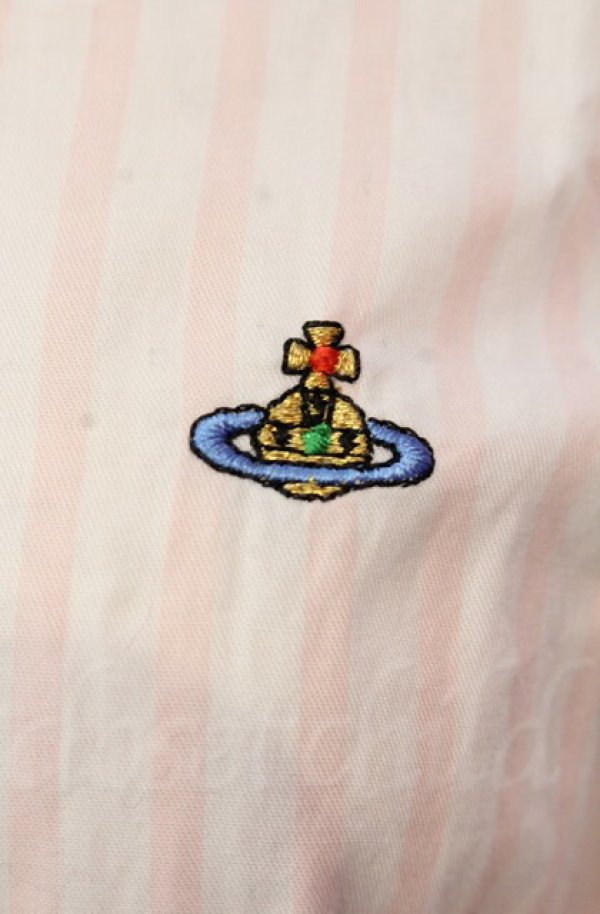 画像2: ヴィヴィアンウエストウッド 中古 / カラーオーブ刺繍高衿ストライプブラウス 40 ピンク  O-25-11-09-016-bl-YM-OS (2)