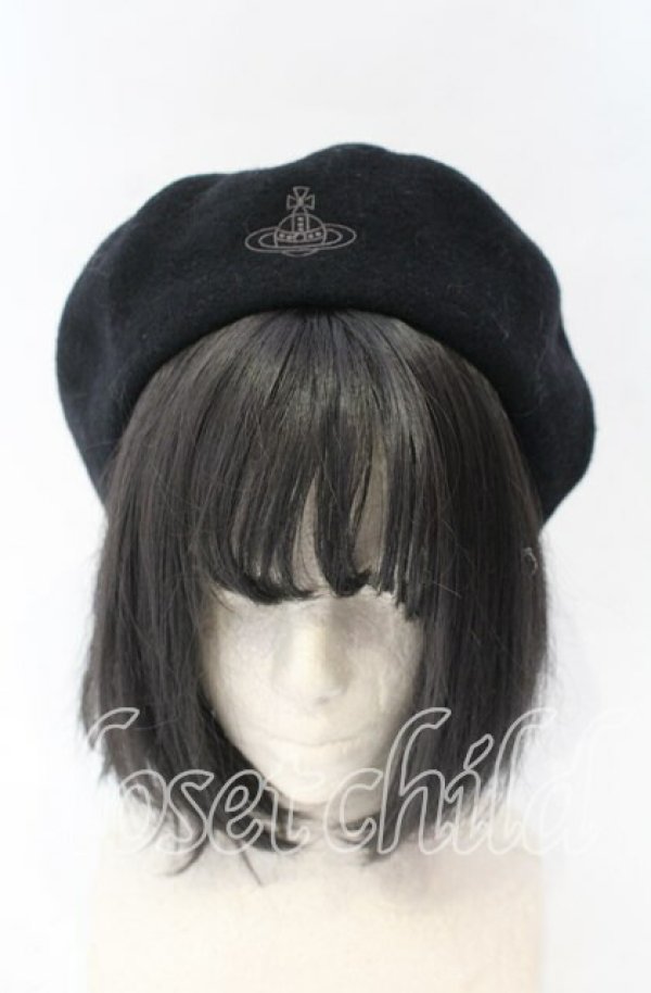 画像2: ヴィヴィアンウエストウッド 中古 / オーブ刺繍ベレー帽子 S-M ブラック  O-25-11-16-050-ha-YM-OS (2)