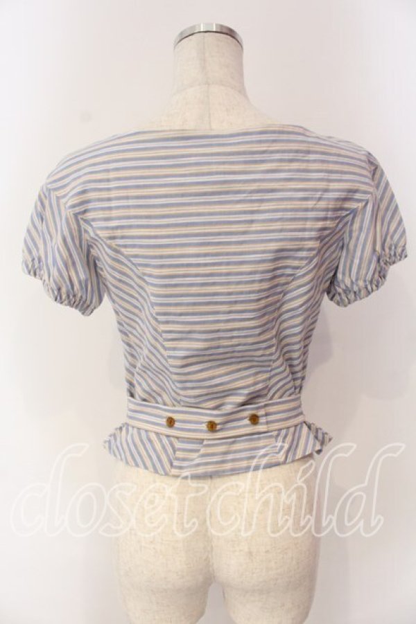 画像4: ヴィヴィアンウエストウッド 中古 / マルチストライプ半袖ブラウス 38 ブルーｘイエロー  O-25-12-14-030-bl-YM-OS (4)