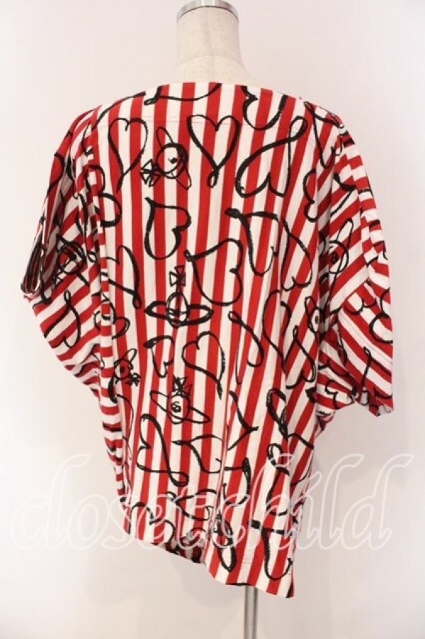 画像4: ヴィヴィアンウエストウッド 中古 / スクリブルハートストライプドレープトップ カットソー 00 レッド  O-25-12-14-032-to-YM-OS (4)