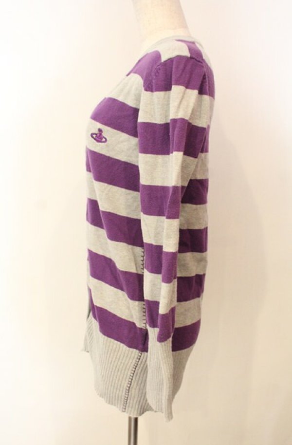 画像4: ヴィヴィアンウエストウッド 中古 / 単色オーブ刺繍ボーダーカーディガン 2 グレー×パープル  O-26-01-11-027-to-IG-OS (4)