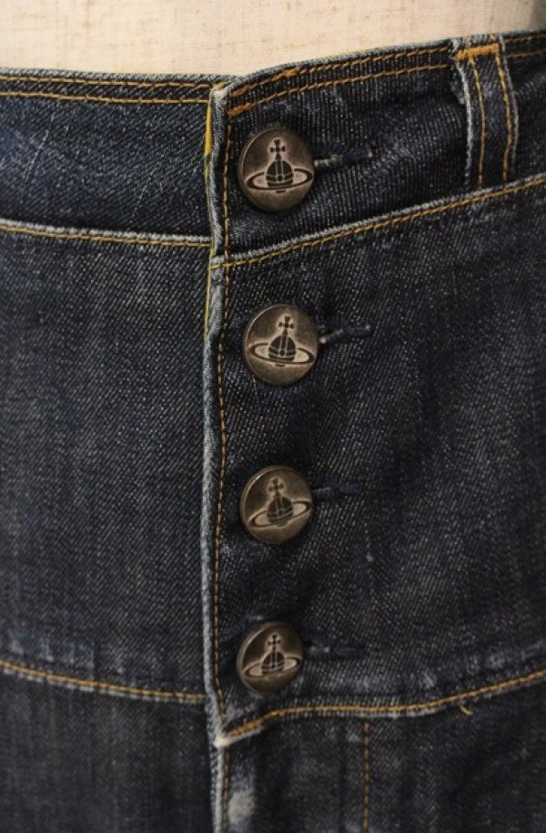 画像2: ヴィヴィアンウエストウッド Anglomania and Lee 中古 / BOMBARDIER サスペンダー付キハイウエストパンツ W27 インディゴｘイエロー  O-26-01-11-050-pa-YM-OS (2)