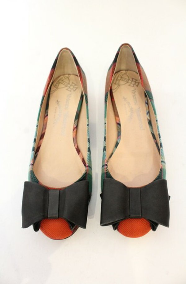 画像2: ヴィヴィアンウエストウッド 中古 / TARTAN FLAT SHOE（タータンフラットシューズ） 38（24cm） グリーン  O-26-01-11-106-sh-YM-OS (2)