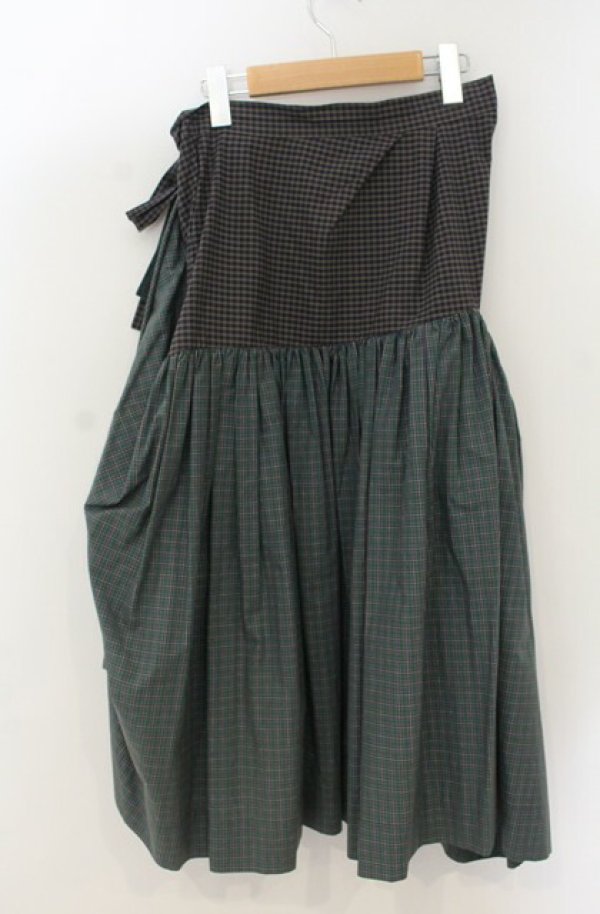 画像2: ヴィヴィアンウエストウッド 中古 / マイクロチェックブロッキングレクタングルギャザースカート 02 グリーン系  O-26-01-25-046-sk-IG-OS (2)