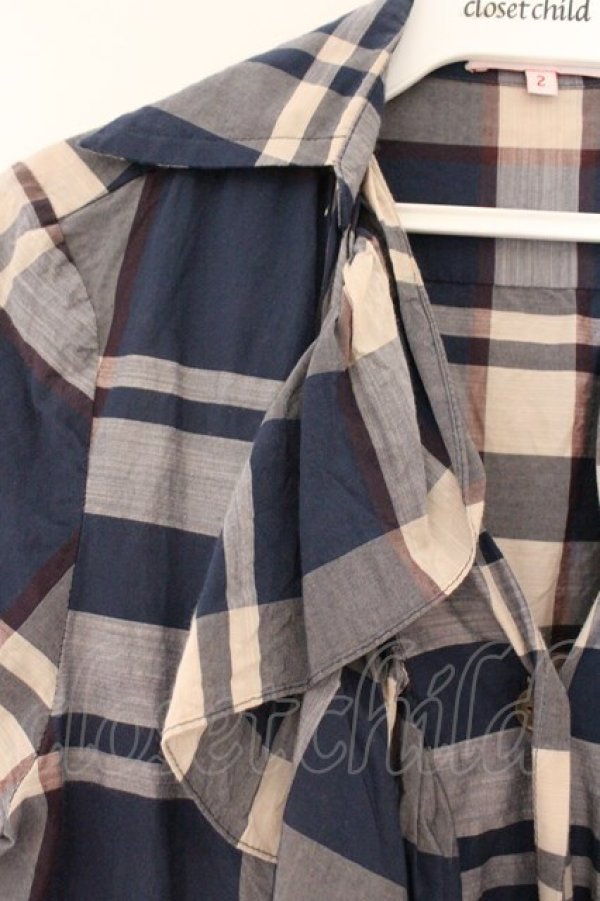 画像3: ヴィヴィアンウエストウッド 中古 / フロントフリル半袖タータンブラウス 2 ブルー  O-26-03-08-029-bl-YM-OS (3)