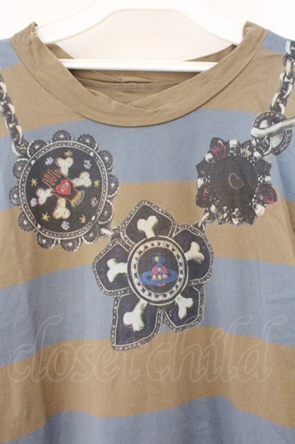 画像2: ヴィヴィアンウエストウッド 中古 / ネックレスプリントボーダーカットソー 3 ブルーｘカーキ  O-26-03-08-041-to-YM-OS (2)