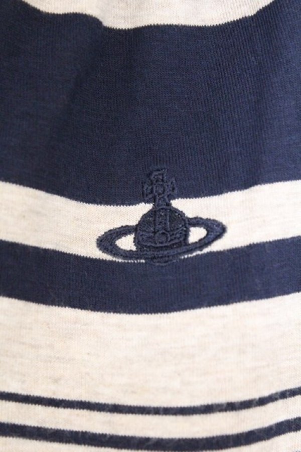 画像2: ANGLOMANIA 中古 / 単色オーブ刺繍ボーダーポロシャツ M ネイビーｘアイボリー  O-26-03-08-012-ts-YM-OS (2)