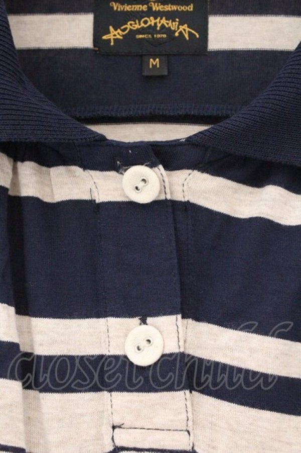 画像3: ANGLOMANIA 中古 / 単色オーブ刺繍ボーダーポロシャツ M ネイビーｘアイボリー  O-26-03-08-012-ts-YM-OS (3)