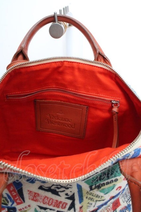 画像6: ヴィヴィアンウエストウッド 中古 / トラベル柄フェルトバッグ  アイボリー×マルチ×オレンジ  O-26-03-15-003-ba-IG-OS (6)