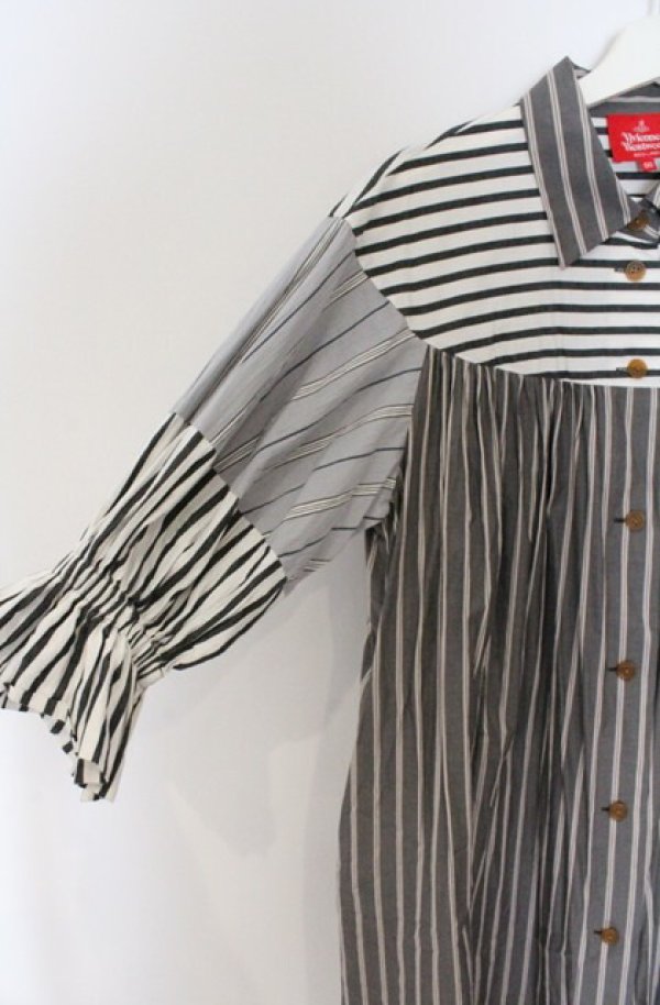 画像3: ヴィヴィアンウエストウッド 中古 / ストライプブロッキングバルーンスリーブシャツドレス 00 グレー  O-26-03-22-032-op-IG-OS (3)