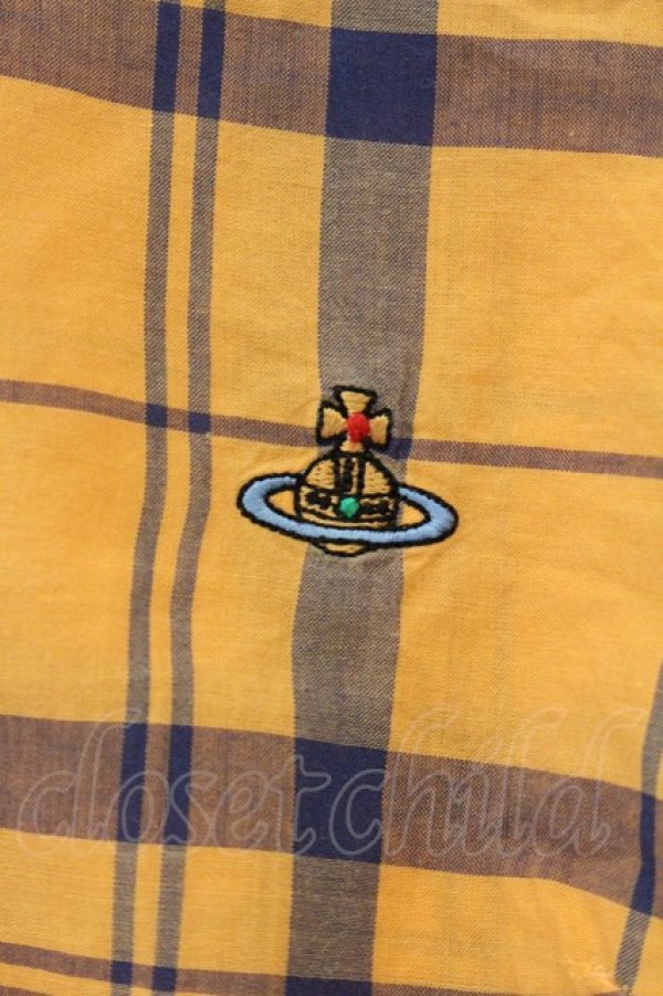 画像2: ヴィヴィアンウエストウッド 中古 / カラーオーブ刺繍高襟ボタンダウンチェックシャツ 42 オレンジ  O-26-04-12-008-bl-YM-OS (2)