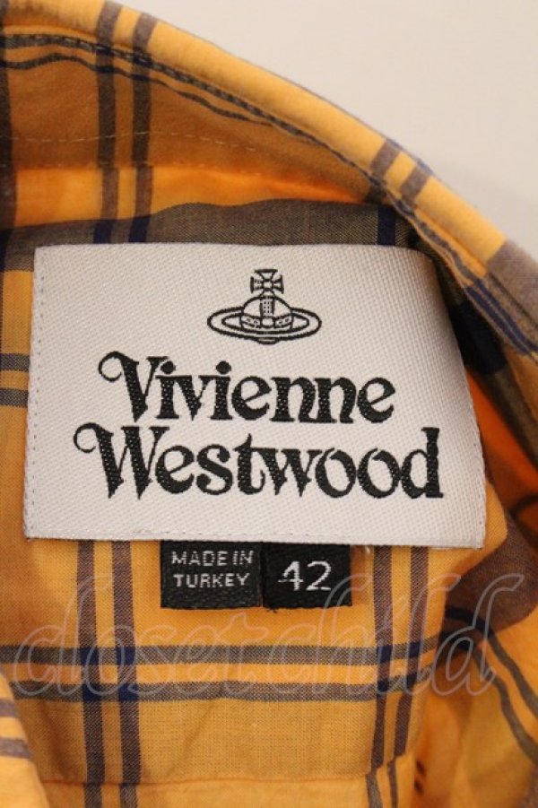 画像5: ヴィヴィアンウエストウッド 中古 / カラーオーブ刺繍高襟ボタンダウンチェックシャツ 42 オレンジ  O-26-04-12-008-bl-YM-OS (5)