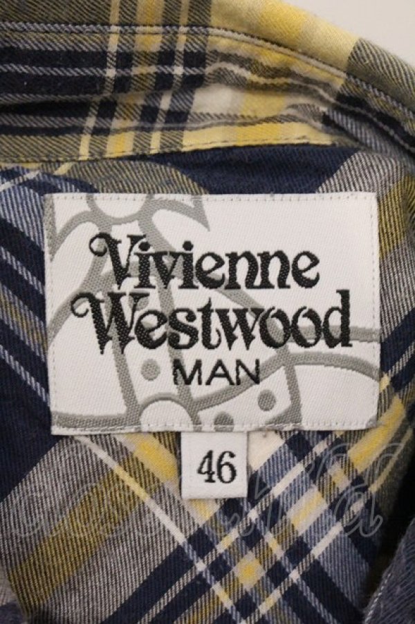 画像5: ヴィヴィアンウエストウッド MAN 中古 / コットンチェックシャツ 46 イエローｘネイビー  O-26-04-12-009-bl-YM-OS (5)