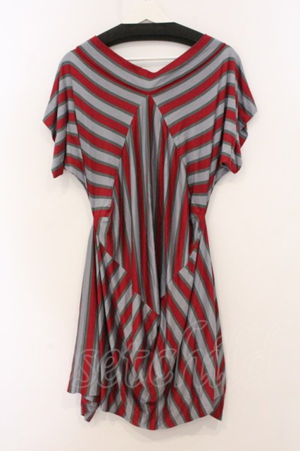 画像4: ヴィヴィアンウエストウッド 中古 / 単色オーブ刺繍ボーダー半袖ワンピース 2 グレー×レッド×グリーン  O-26-04-26-023-op-IG-OS (4)