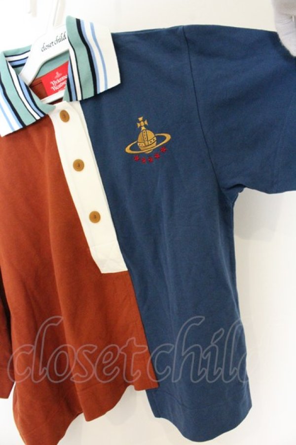 画像3: ヴィヴィアンウエストウッド 中古 / リメイクPOLOトップ オーブスター刺繍 00 ネイビーｘレンガ  O-26-07-05-016-to-YM-OS (3)