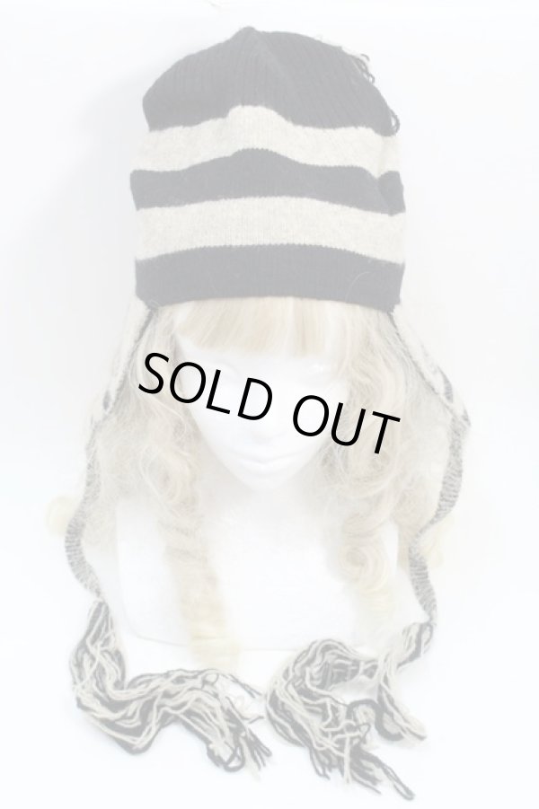 画像2: ヴィヴィアンウエストウッド 中古 / フリンジボーダーニット帽  黒  S-25-10-22-021-gd-AS-ZS (2)