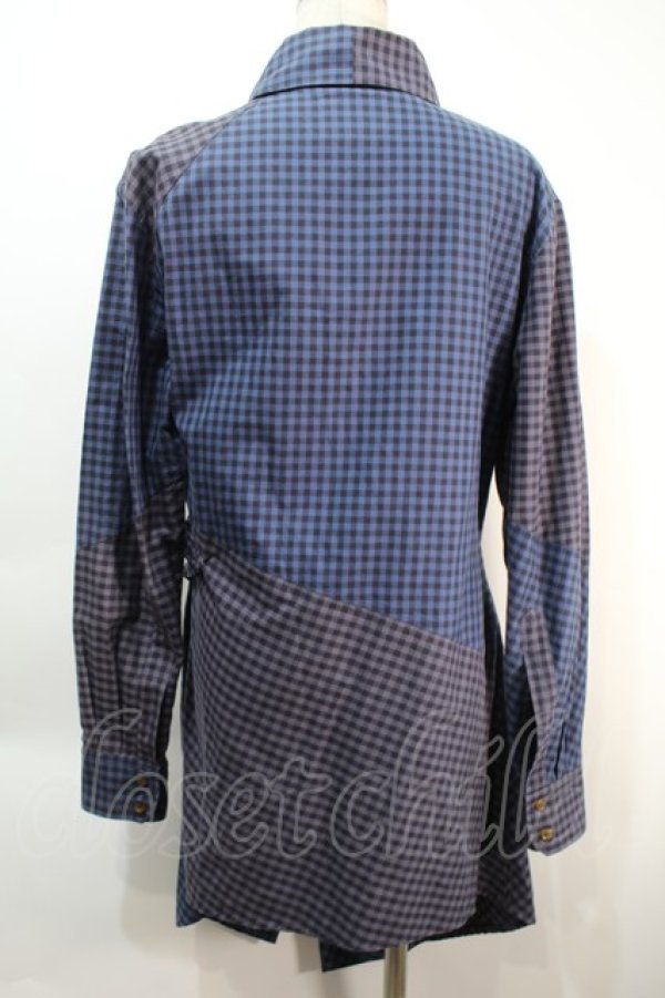 画像2: ヴィヴィアンウエストウッド MAN 中古 / ギンガムチェックパッチワークシャツ 44 青xグレーx黒  S-25-10-22-035-bl-AS-ZS (2)