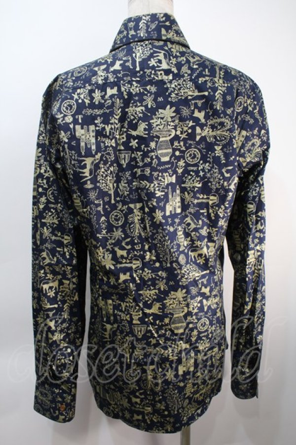 画像2: ヴィヴィアンウエストウッド MAN 中古 / 箔プリントシャツ  I 紺xゴールド  S-25-10-22-036-bl-AS-ZS (2)
