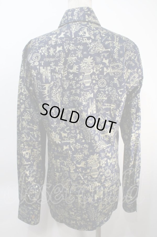 画像2: ヴィヴィアンウエストウッド MAN 中古 / 箔プリントシャツ  I 紺ｘゴールド  S-25-10-22-036-bl-AS-ZS (2)