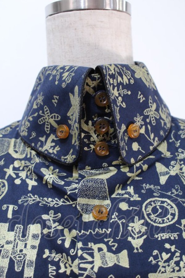 画像3: ヴィヴィアンウエストウッド MAN 中古 / 箔プリントシャツ  I 紺xゴールド  S-25-10-22-036-bl-AS-ZS (3)