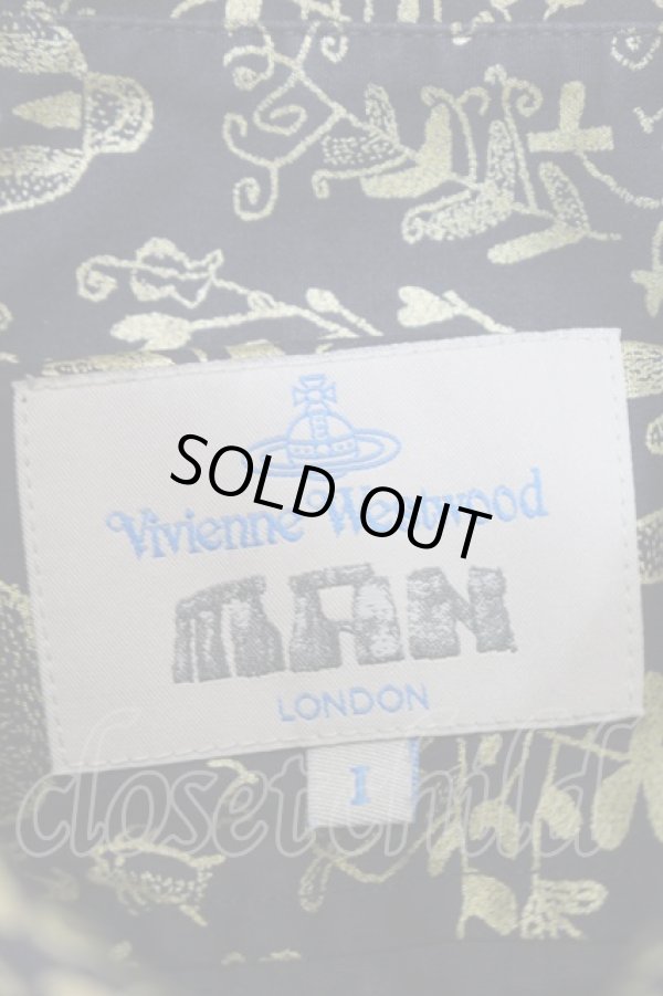 画像7: ヴィヴィアンウエストウッド MAN 中古 / 箔プリントシャツ  I 紺ｘゴールド  S-25-10-22-036-bl-AS-ZS (7)