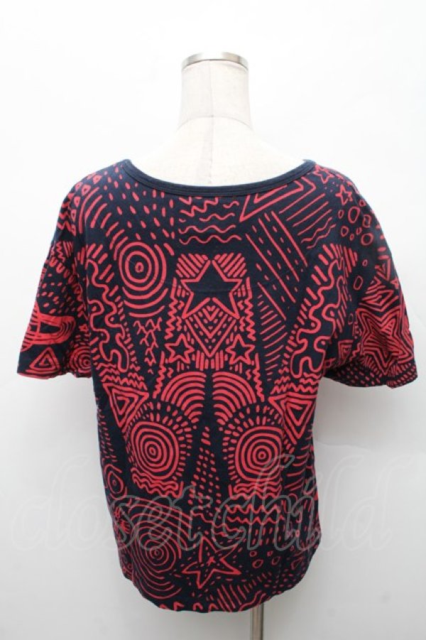画像2: ANGLOMANIA 中古 / 総柄Tシャツ XS 紺ｘ赤  S-26-03-08-041-ts-AS-ZS (2)