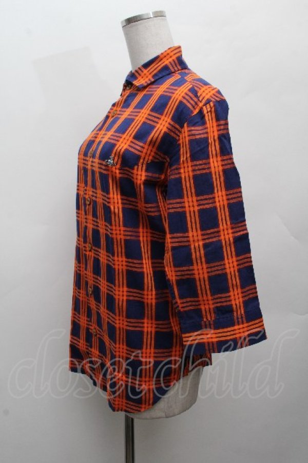 画像2: ヴィヴィアンウエストウッド MAN 中古 / チェック7分シャツ 44 紺ｘオレンジ  S-26-03-15-037-bl-AS-ZS (2)