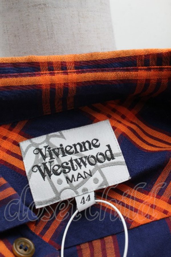 画像5: ヴィヴィアンウエストウッド MAN 中古 / チェック7分シャツ 44 紺ｘオレンジ  S-26-03-15-037-bl-AS-ZS (5)