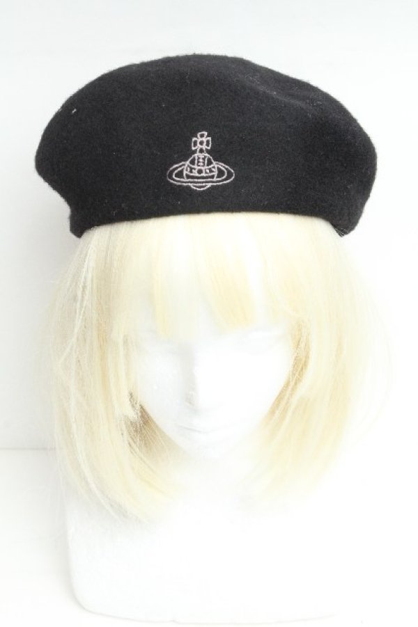 画像2: ヴィヴィアンウエストウッド 中古 / オーブ刺繍ベレー  黒  S-26-06-21-022-gd-AS-ZS (2)