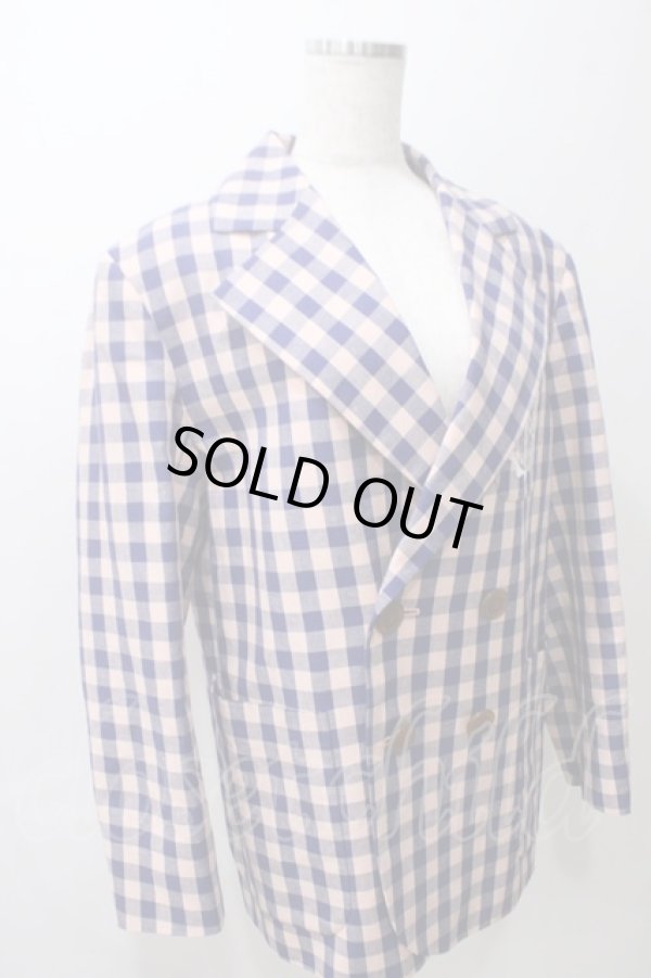 画像4: ヴィヴィアンウエストウッド 中古 / 綿麻ギンガムチェックダブルブレストジャケット 02 ピンク×ネイビー  Y-25-05-28-059-jc-SZ-OS (4)