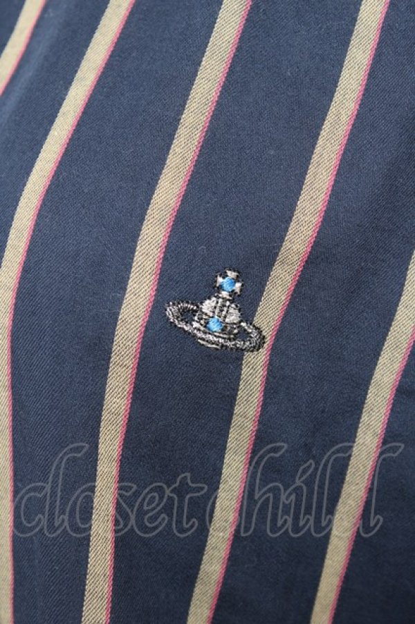 画像3: ヴィヴィアンウエストウッド MAN 中古 / オーブ刺繍レジメ半袖シャツ 44 紺  Y-25-11-05-027-bl-SZ-ZY (3)