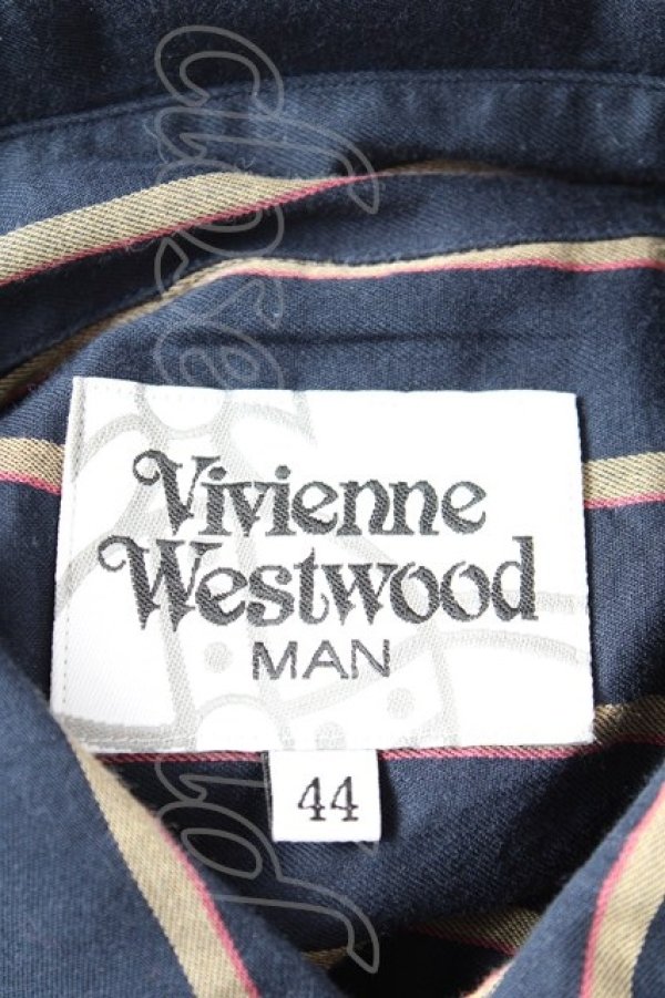 画像4: ヴィヴィアンウエストウッド MAN 中古 / オーブ刺繍レジメ半袖シャツ 44 紺  Y-25-11-05-027-bl-SZ-ZY (4)